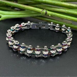 Rainbow Stainless Steel Bling Mini Motorcycle Bike Chain Bracelet 28.7g